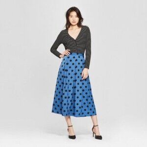 Who What Wear Blue & Black Polka Dot Casual Pleated Midi Skirt